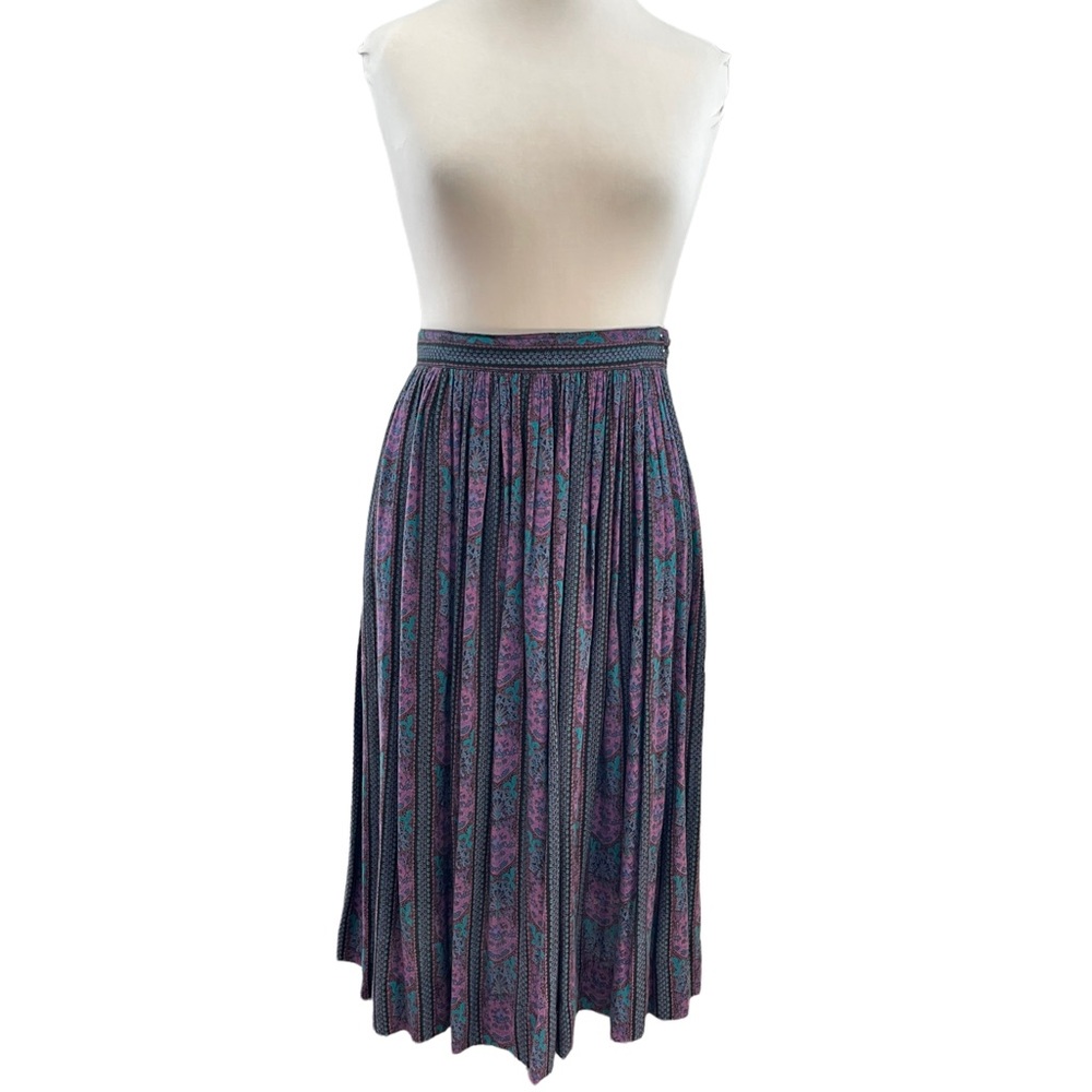Vintage 90s Prophecy Paisley Purple and Teal Pleated Rayon Blend Midi Skirt M
